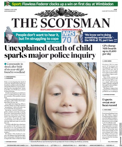 The Scotsman Newspaper Front Page for 3 July 2018