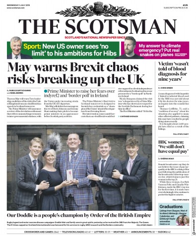 The Scotsman Newspaper Front Page for 3 July 2019