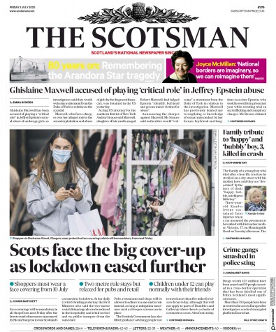 The Scotsman (UK) Newspaper Front Page for 3 July 2020