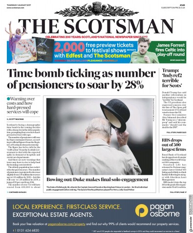 The Scotsman Newspaper Front Page for 3 August 2017