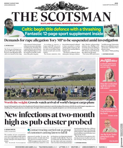 The Scotsman (UK) Newspaper Front Page for 3 August 2020