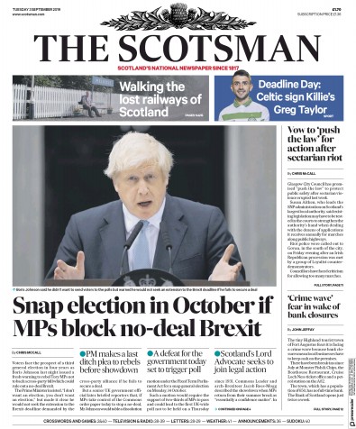 The Scotsman Newspaper Front Page for 3 September 2019