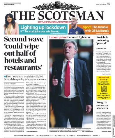 The Scotsman Newspaper Front Page for 3 September 2020