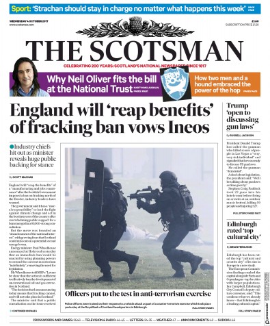 The Scotsman Newspaper Front Page for 4 October 2017