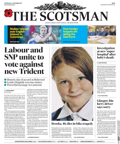 The Scotsman (UK) Newspaper Front Page for 4 November 2015