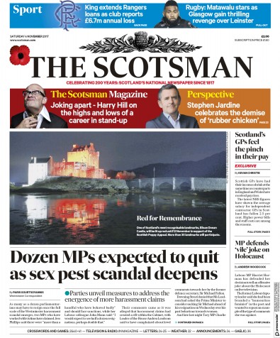 The Scotsman Newspaper Front Page for 4 November 2017