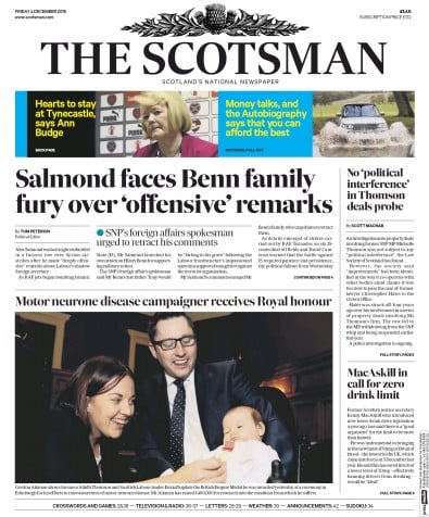 The Scotsman (UK) Newspaper Front Page for 4 December 2015