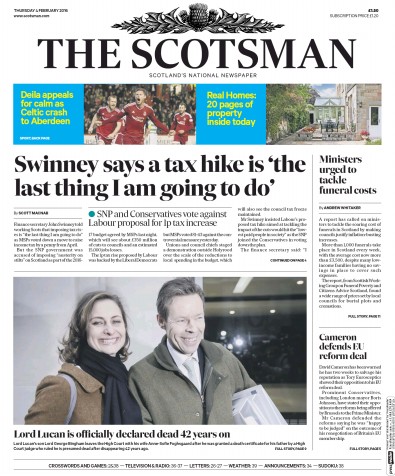 The Scotsman Newspaper Front Page for 4 February 2016