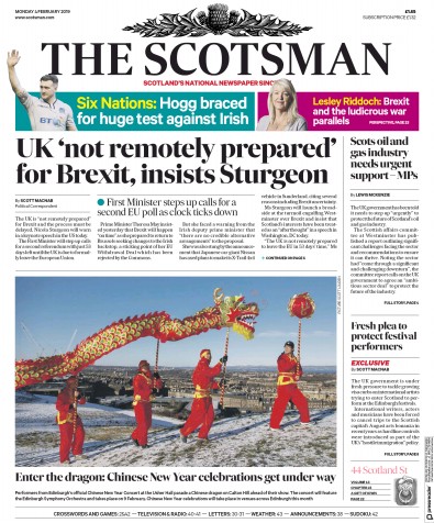 The Scotsman Newspaper Front Page for 4 February 2019