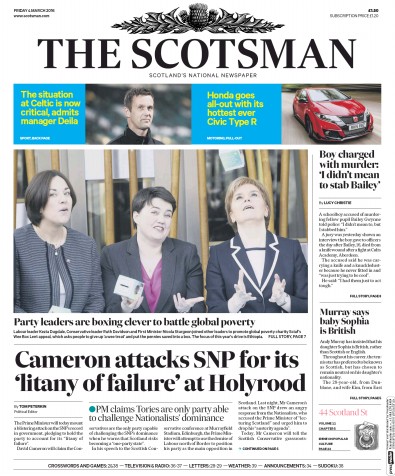 The Scotsman Newspaper Front Page for 4 March 2016