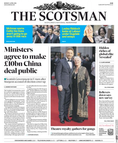 The Scotsman (UK) Newspaper Front Page for 4 April 2016