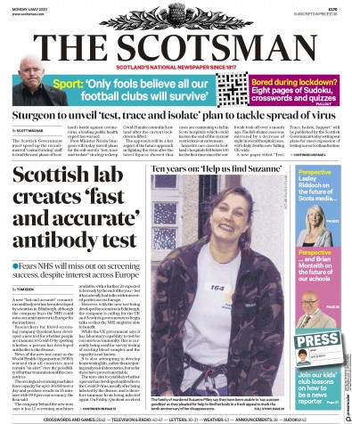 The Scotsman Newspaper Front Page for 4 May 2020