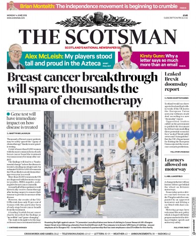 The Scotsman Newspaper Front Page for 4 June 2018