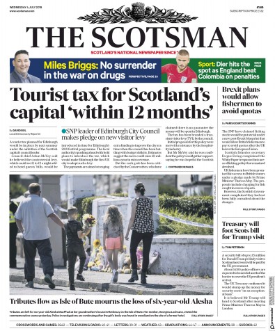 The Scotsman Newspaper Front Page for 4 July 2018