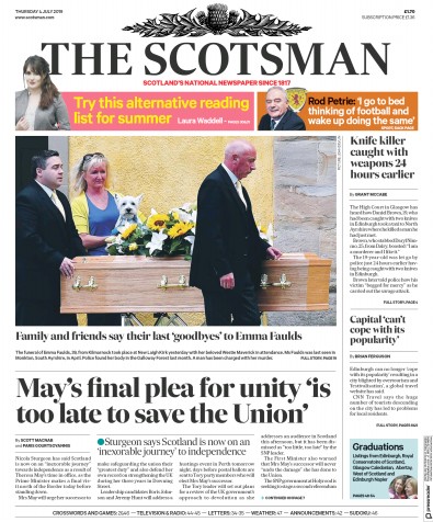 The Scotsman (UK) Newspaper Front Page for 4 July 2019