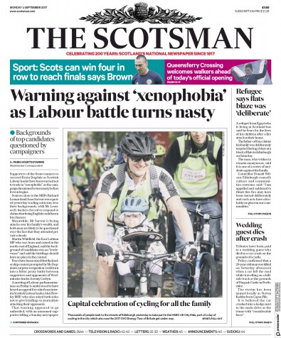 The Scotsman Newspaper Front Page for 4 September 2017