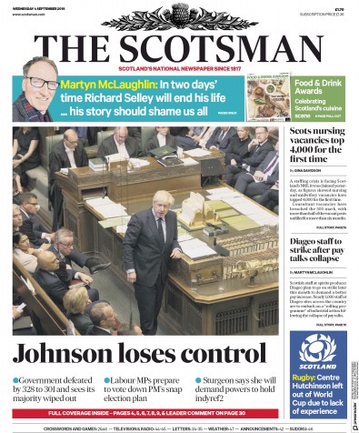 The Scotsman Newspaper Front Page for 4 September 2019