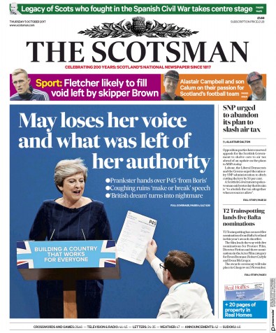 The Scotsman Newspaper Front Page for 5 October 2017