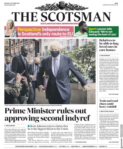 The Scotsman (UK) Newspaper Front Page for 5 October 2020