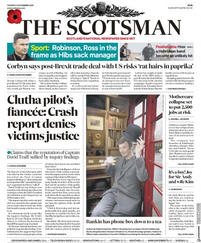 The Scotsman Newspaper Front Page for 5 November 2019