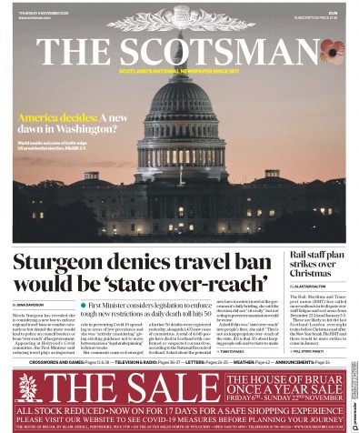 The Scotsman (UK) Newspaper Front Page for 5 November 2020