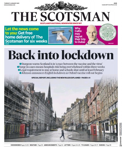 The Scotsman (UK) Newspaper Front Page for 5 January 2021