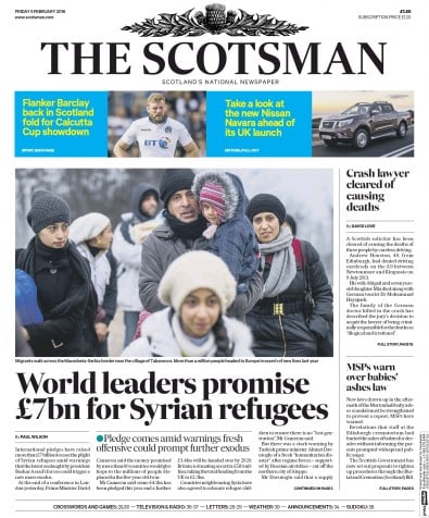 The Scotsman Newspaper Front Page for 5 February 2016