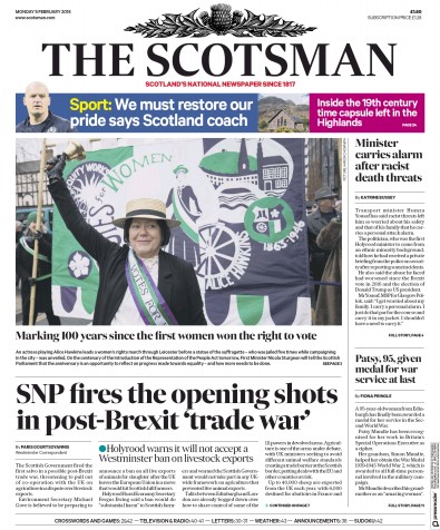 The Scotsman (UK) Newspaper Front Page for 5 February 2018