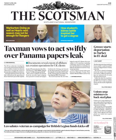 The Scotsman Newspaper Front Page for 5 April 2016