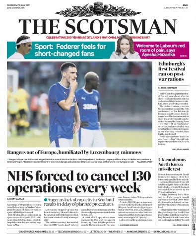 The Scotsman Newspaper Front Page for 5 July 2017