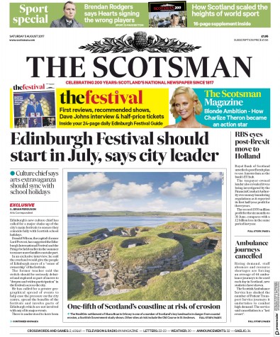 The Scotsman (UK) Newspaper Front Page for 5 August 2017