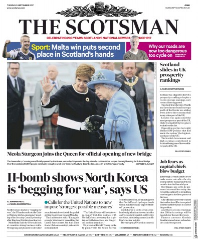 The Scotsman Newspaper Front Page for 5 September 2017