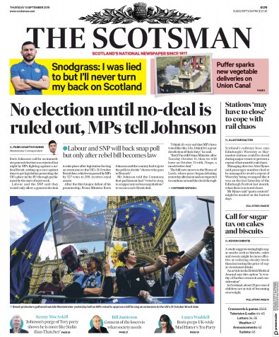 The Scotsman (UK) Newspaper Front Page for 5 September 2019