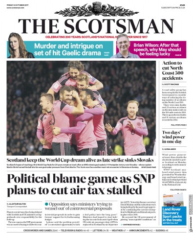 The Scotsman Newspaper Front Page for 6 October 2017