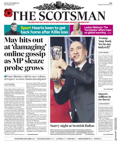 The Scotsman Newspaper Front Page for 6 November 2017