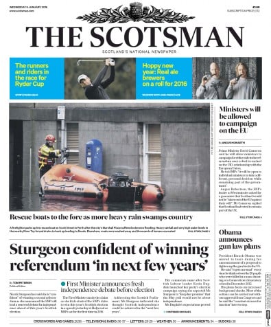 The Scotsman Newspaper Front Page for 6 January 2016