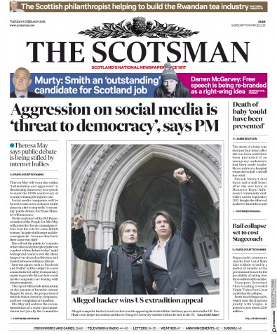 The Scotsman Newspaper Front Page for 6 February 2018