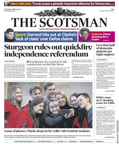 The Scotsman Newspaper Front Page for 6 February 2019