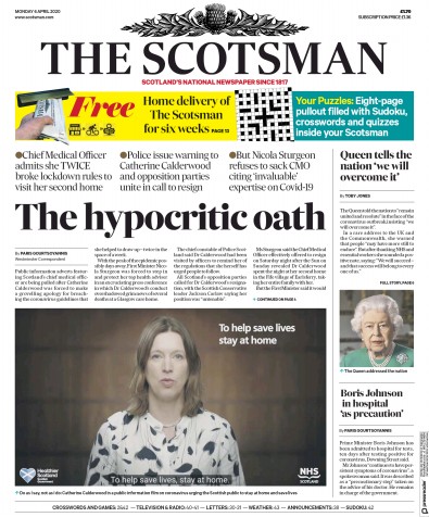 The Scotsman (UK) Newspaper Front Page for 6 April 2020