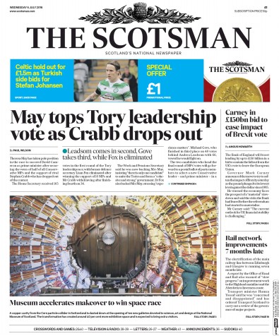 The Scotsman Newspaper Front Page for 6 July 2016