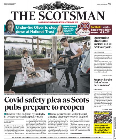 The Scotsman (UK) Newspaper Front Page for 6 July 2020