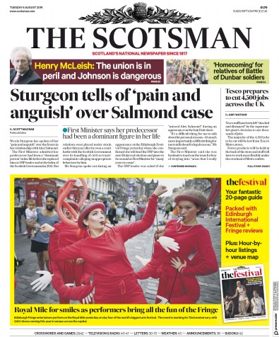 The Scotsman Newspaper Front Page for 6 August 2019