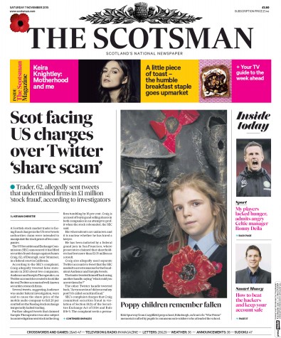 The Scotsman Newspaper Front Page for 7 November 2015