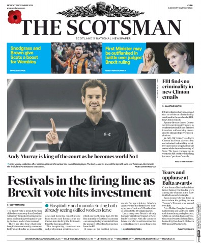 The Scotsman Newspaper Front Page for 7 November 2016