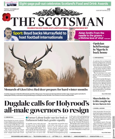 The Scotsman Newspaper Front Page for 7 November 2017
