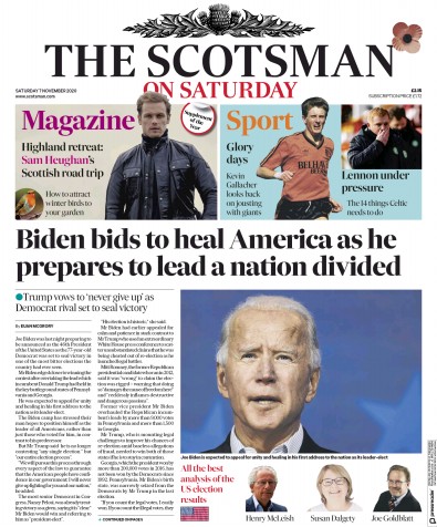 The Scotsman (UK) Newspaper Front Page for 7 November 2020