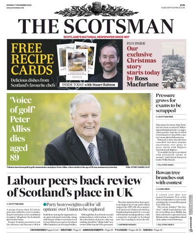 The Scotsman (UK) Newspaper Front Page for 7 December 2020
