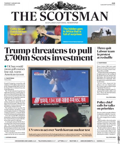 The Scotsman Newspaper Front Page for 7 January 2016