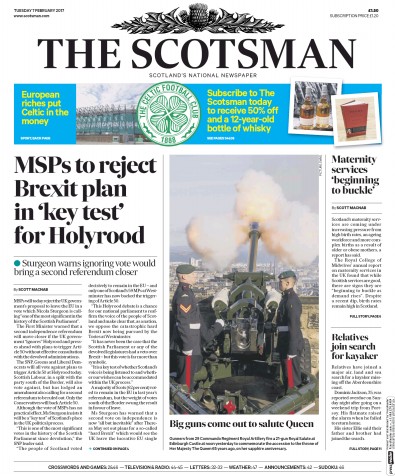 The Scotsman Newspaper Front Page for 7 February 2017