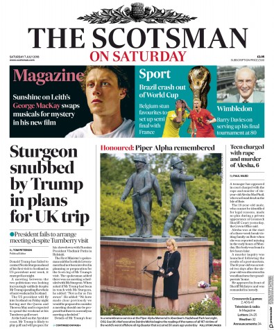 The Scotsman Newspaper Front Page for 7 July 2018